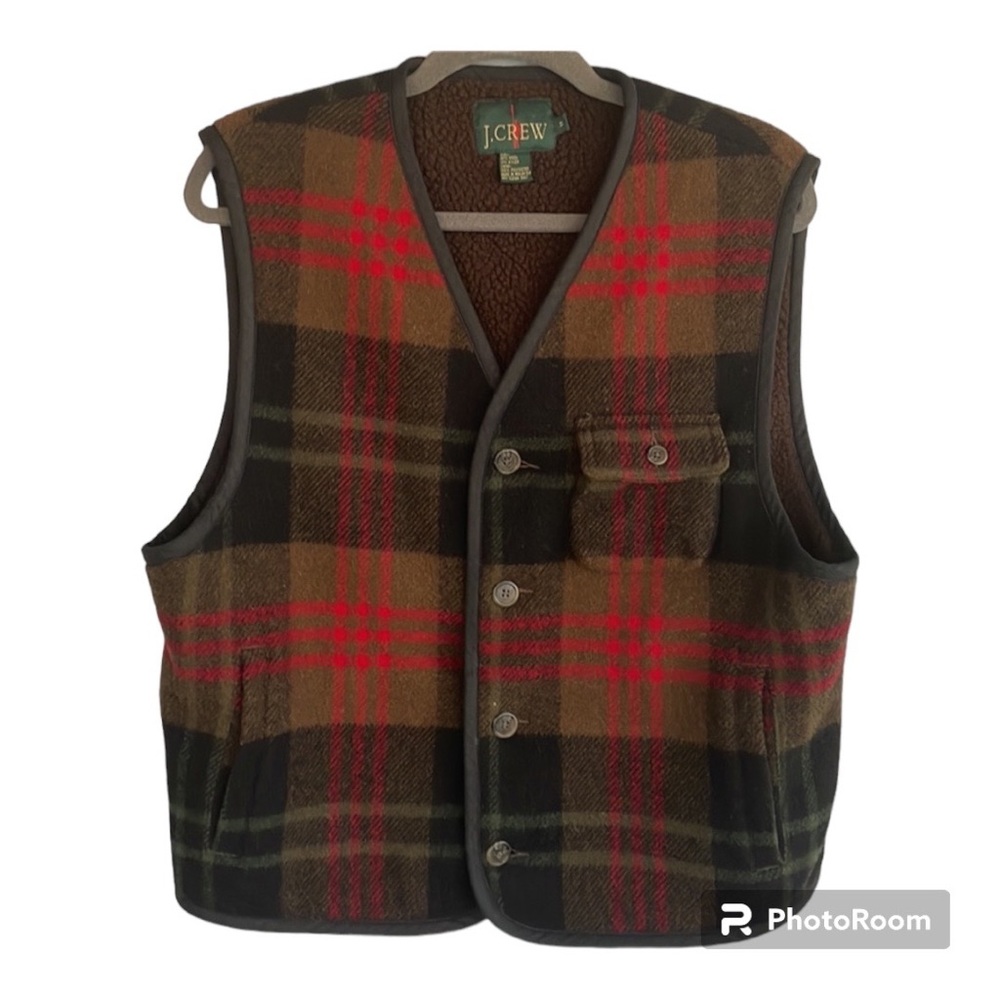 J.Crew Men Plaid Wool Blend Fleece Lined Vest Size M